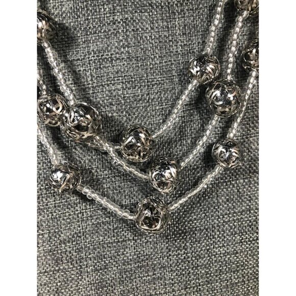 Cookie Lee Multi Strand Necklace Silver Tone Filigree Balls Clear Glass Beads - Picture 3 of 6